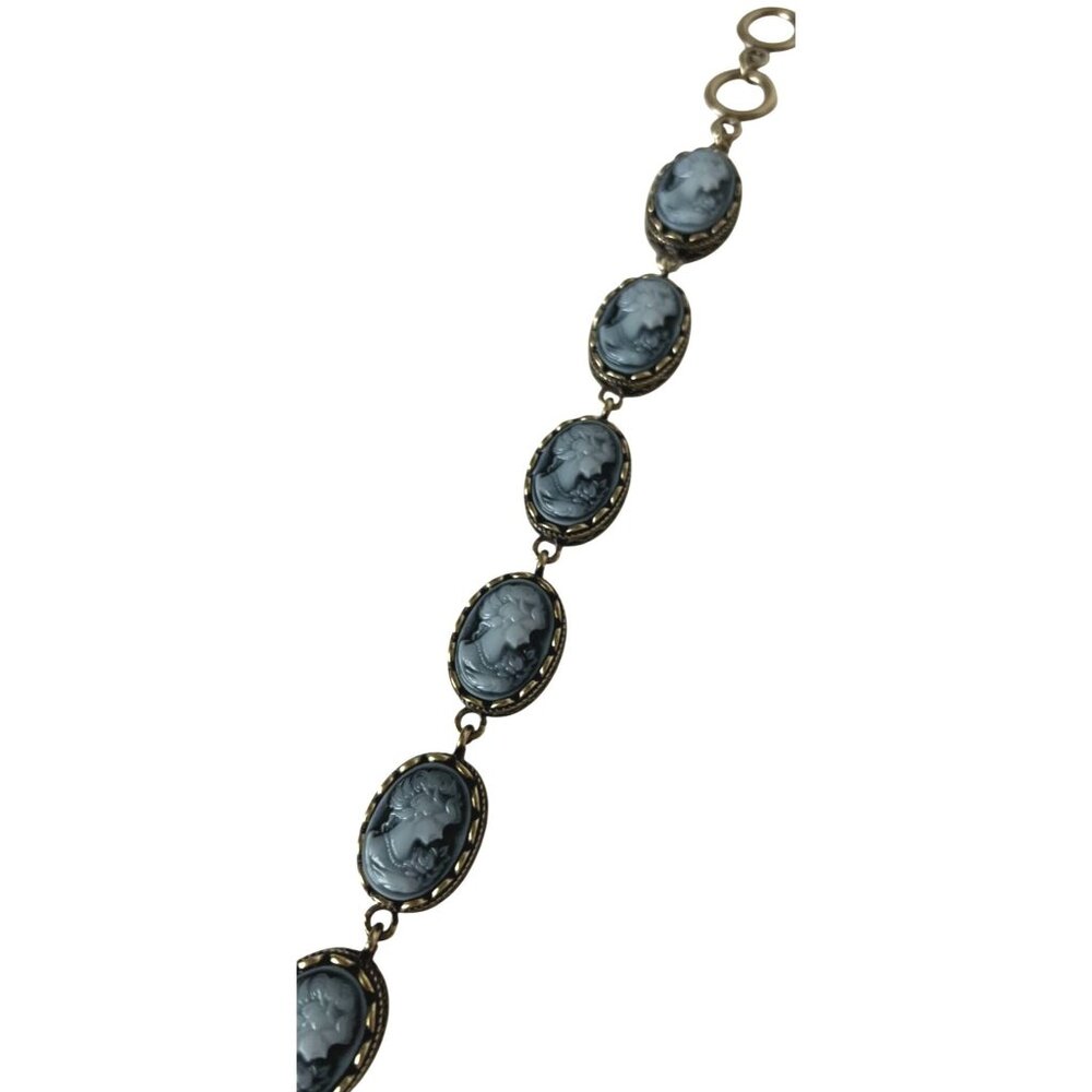 Blue Cameo Bracelet Antique Bronze Tone Toggle Clasp 8.5” Fits 7.5” Wrist